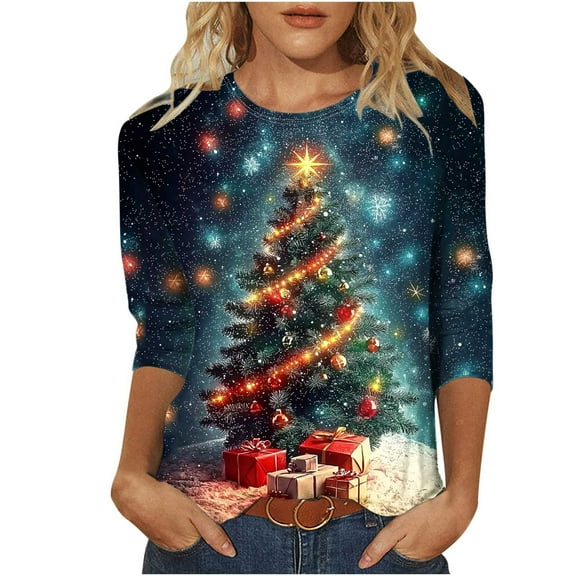 bnaln Christmas Sweatshirts for Women Christmas Tree Snowflake Printed Tshirt 3/4 Length Sleeve Round Neck Elegant Tunic Tops Funny Cute Graphic Tees Casual Xmas Shirts Holiday Blouse