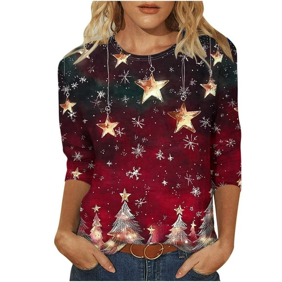 bnaln Christmas Sweatshirts for Women Christmas Tree Snowflake Printed Tshirt 3/4 Length Sleeve Round Neck Elegant Tunic Tops Funny Cute Graphic Tees Casual Xmas Shirts Holiday Blouse