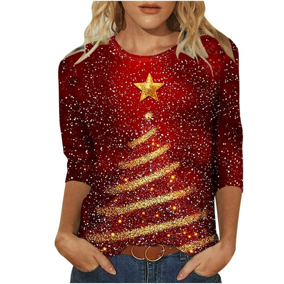 bnaln Christmas Sweatshirts for Women Christmas Tree Snowflake Printed Tshirt 3/4 Length Sleeve Round Neck Elegant Tunic Tops Funny Cute Graphic Tees Casual Xmas Shirts Holiday Blouse