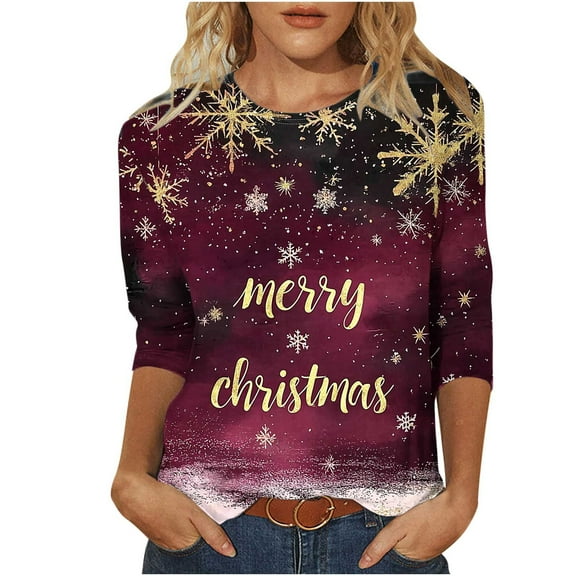 bnaln Christmas Sweatshirts for Women Christmas Tree Snowflake Printed Tshirt 3/4 Length Sleeve Round Neck Elegant Tunic Tops Funny Cute Graphic Tees Casual Xmas Shirts Holiday Blouse