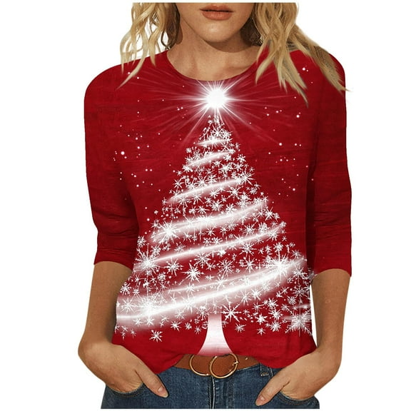bnaln Christmas Sweatshirts for Women Crewneck 3/4 Sleeve Shirts Ladies Christmas Jumpers Xmas Tree Graphic Tees Plus Size Tunic Tops Dressy Casual Pullover Xmas Holiday Blouses