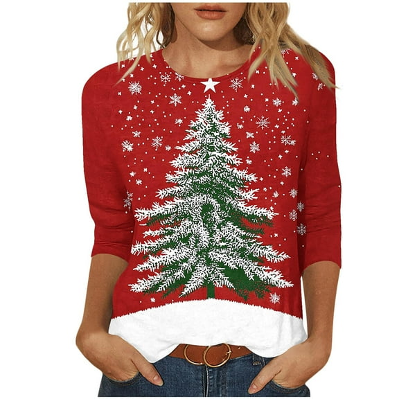 bnaln Christmas Sweatshirts for Women Crewneck 3/4 Sleeve Shirts Ladies Christmas Jumpers Xmas Tree Graphic Tees Plus Size Tunic Tops Dressy Casual Pullover Xmas Holiday Blouses
