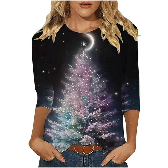 bnaln Christmas Sweatshirts for Women Fashion Christmas Tree Printed Funny Tshirts Xmas Holiday Tops Trendy Cute 3/4 Length Sleeve Round Neck Loose Fit Tees Blouses Xmas Jumpers