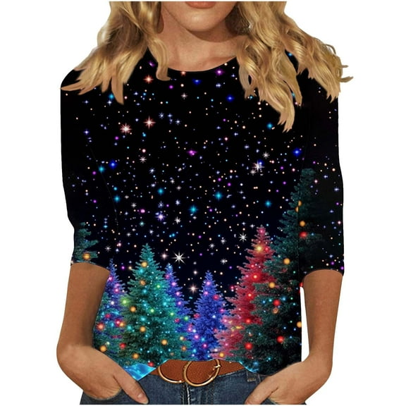 bnaln Christmas Sweatshirts for Women Novelty Funny Graphic Tees Crewneck 3/4 Sleeve Xmas Tshirts Plus Size Loose Fit Pullover Holiday Dressy Casual Blouse Festival Party Xmas Jumper