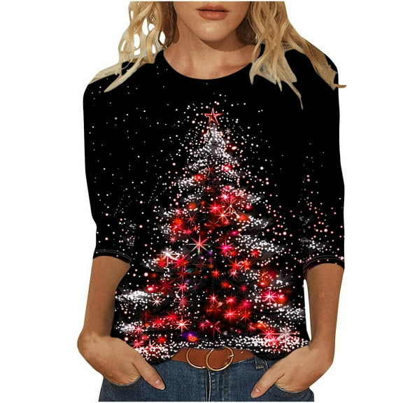 bnaln Christmas Sweatshirts for Women Xmas Tree Printed 3/4 Length Sleeve Shirts Round Neck Loose Fit Tunic Blouses Plus Size T-Shirt Casual Pullover Tops Xmas Jumpers Holiday Tops