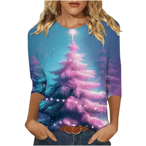 bnaln Christmas T Shirts for Women Womens Christmas Sweatshirts Crewneck 3/4 Sleeve Tops Xmas Tree Santa Claus Graphic Printed Tshirt Tunic Blouse Going Out Tops Streetwear