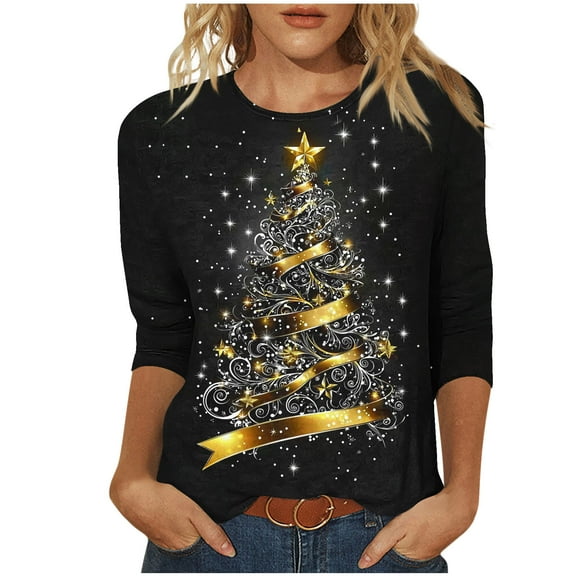 bnaln Christmas Tops for Women 3/4 Sleeve Christmas T-Shirts Crewneck Xmas Tree Graphic Tees Plus Size Tops Fashion Xmas Jumpers Casual Festival Shirts Funny Holiday Pullover