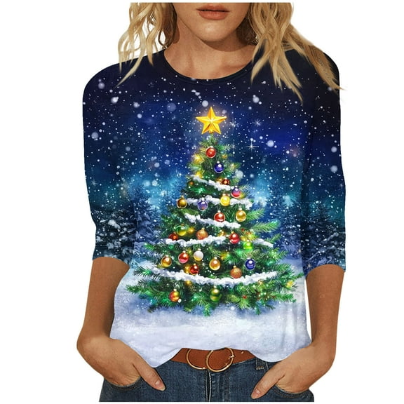 bnaln Christmas Tops for Women 3/4 Sleeve Christmas T-Shirts Crewneck Xmas Tree Graphic Tees Plus Size Tops Fashion Xmas Jumpers Casual Festival Shirts Funny Holiday Pullover