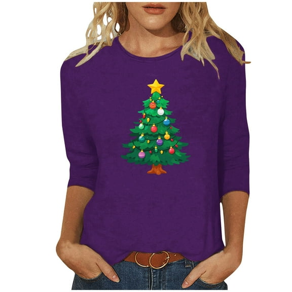 bnaln Christmas Tops for Womens Xmas Jumpers Dressy Casual 3/4 Sleeve Shirts Funny Christmas Tree Graphic Tees Crewneck Loose T-Shirts Xmas Sweatshirt Holiday Pullover Trendy Outfits