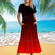 bnaln Dresses for Women Plus Size Long Dress Casual Gradient Printed Short Sleeve Dresses Beach Maxi Dresses with Pockets Loose Comfy Dress Ladies Summer Dresses Holiday Party