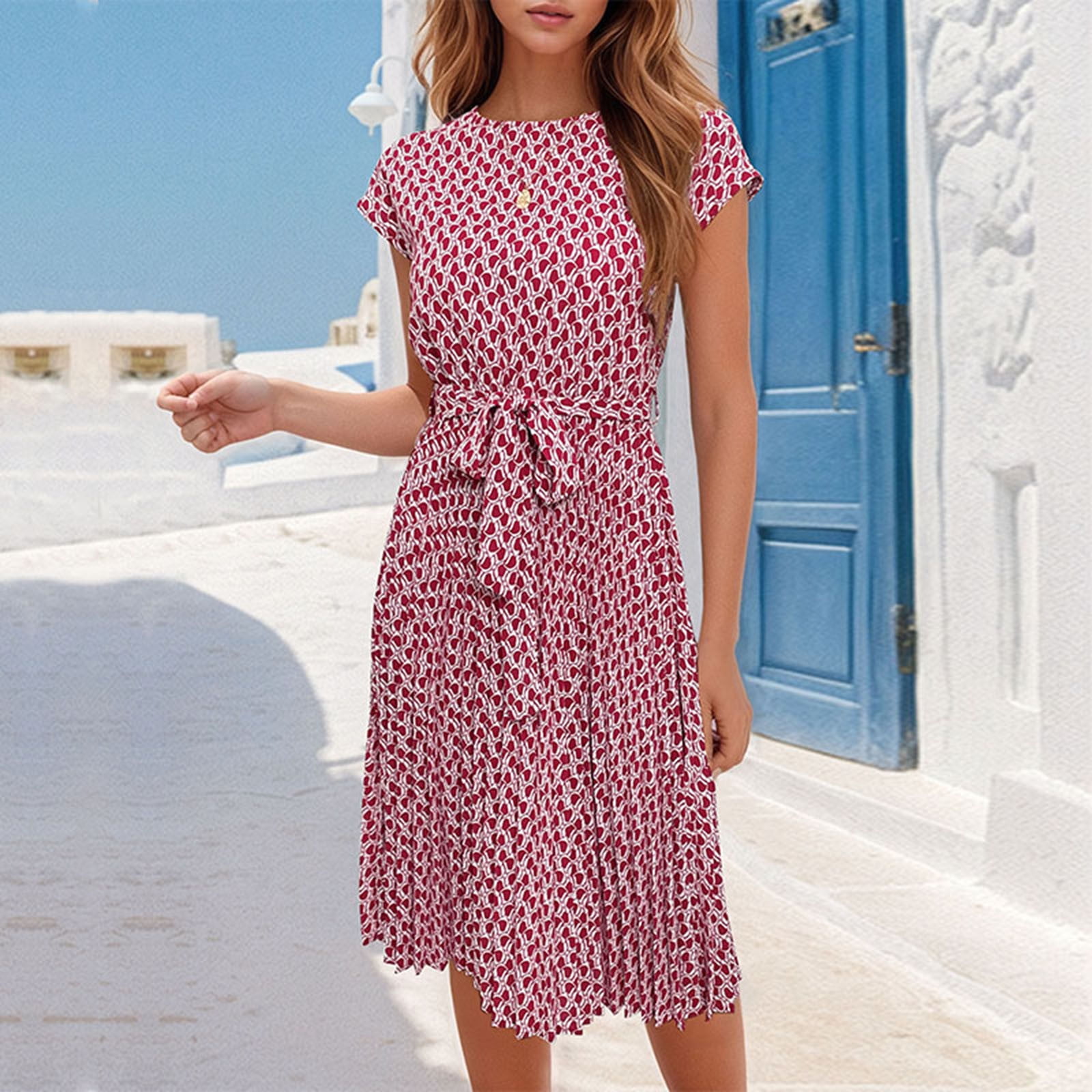 bnaln Dresses Women's Short Sleeve Midi Summer Dresses Floral Short ...