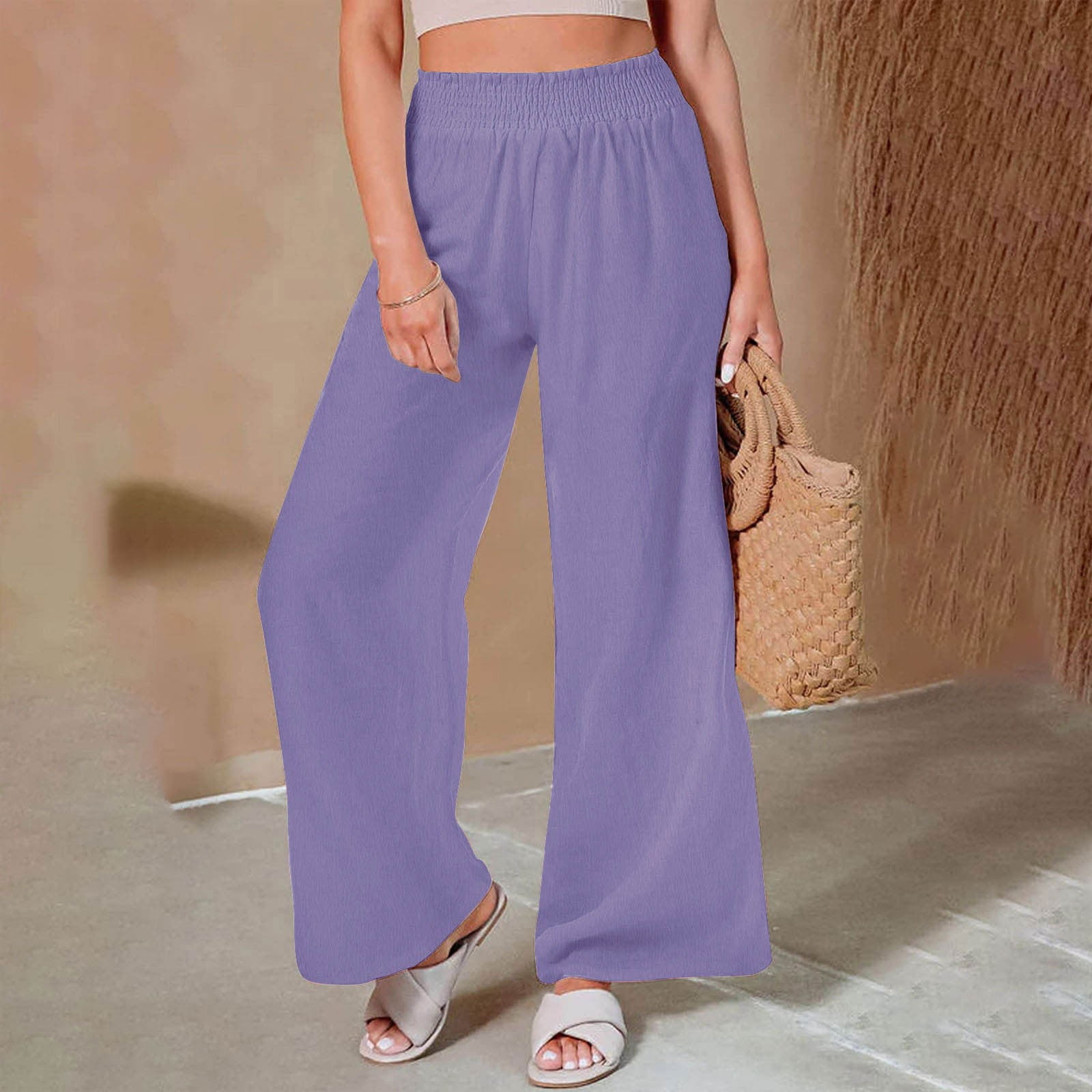 Women Plus Size Cotton Wide-Leg Lounge Pants- Light Green