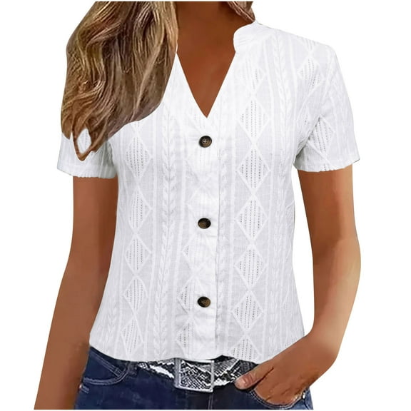 bnaln Ladies Tops Button V Neck Short Sleeve Shirts Casual Summer Tops Trendy Blouses Cute T-Shirts Women's Elegant Eyelet Tunic Blouses Loose Comfy Pullover Going Out Tees