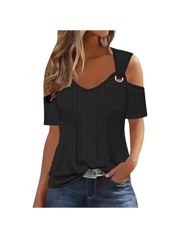 Ladies Tops Cold Shoulder T Shirts for Women 2024 Summer Short Sleeve Cut Out Top Shirt Casual V Neck T-Shirts Loose Comfy Pullover Blouses Trendy Baggy Tunic Top Sale