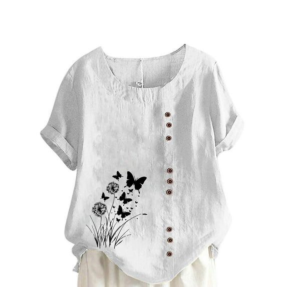 bnaln Linen Shirts for Women 2025 Casual Loose Fit Summer Boho Tops Crew Neck Buttons Trendy Short Sleeve Foral Blouses Plus Size Tshirts Going Out Tops Baggy Pullover Streetwear