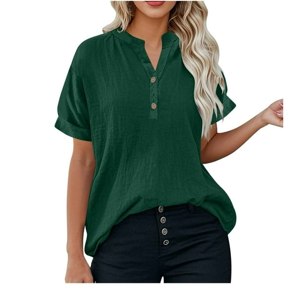 bnaln Linen Shirts for Women Button Down Shirts Womens Summer Tops Short Sleeve Cotton Linen T-Shirt V Neck Solid Dressy Casual Blouses Going Out Tees Trendy Beach Vacation Outfits