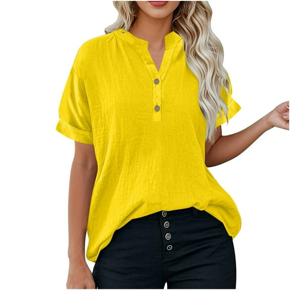 bnaln Linen Shirts for Women Button Down Shirts Womens Summer Tops Short Sleeve Cotton Linen T-Shirt V Neck Solid Dressy Casual Blouses Going Out Tees Trendy Beach Vacation Outfits