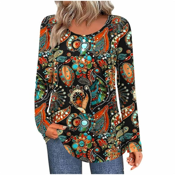 bnaln Long Sleeve Shirts for Women Casual Button Crew Neck T-Shirts Pleated Floral Boho Blouses Fall Tunics Loose Fit Pullover Dressy Casual Blouses Beach Vacation Trendy Clothes