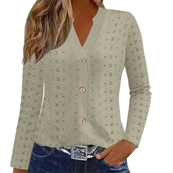 bnaln Long Sleeve Tops Womens Blouses Babydoll Long Sleeve Shirts Elegant Eyelet Tunic Blouses Button V Neck T Shirts Dressy Casual Pullover Trendy Jumpers Loose Fit Tees Streetwear