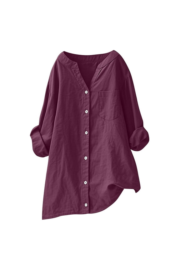 Long Sleeve Tops Womens Dressy Casual Blouses V Neck Loose Button Linen Shirts Ladies Blouses Plus Size Tees Shirts Elegant Business Office Work Tops Baggy Pullover with Pocket