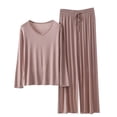 thumbnail image 1 of bnaln Lounge Sets for Womens Pajama Set Long Sleeve T-Shirts V Neck Summer Tops Elastic Waist Wide Leg Pants Matching Loungewear 2 Piece Outfits Homewear Vacation Beach Travel Outfit, 1 of 3