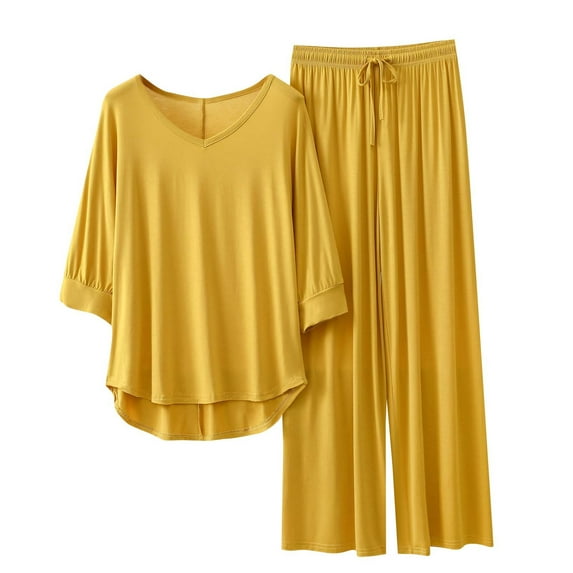 bnaln Lounge Sets for Womens Pajama Sets 3/4 Length Sleeve V Neck Summer Tops Elastic Waist Wide Leg Pants Summer Outfits Loose Casual T-Shrits Baggy Trousers Sleepwear Homewear