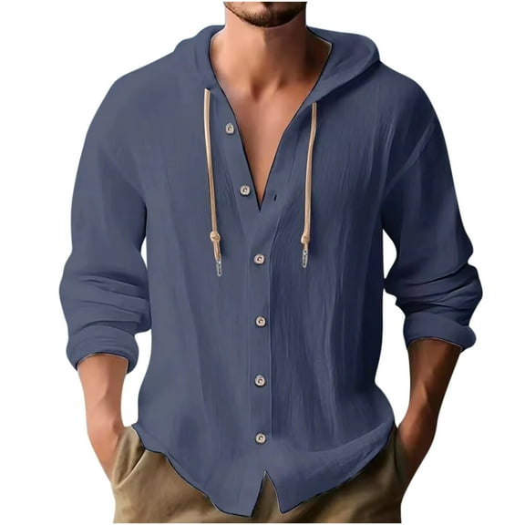 bnaln Men's Long Sleeve Cotton Linen Shirt Drawstring Button Down Shirts Casual Button Up Hoodie Summer Tops Hawaiian Shirts Loose Fit Hooded Shirt Casual Vacation Beach Outfits