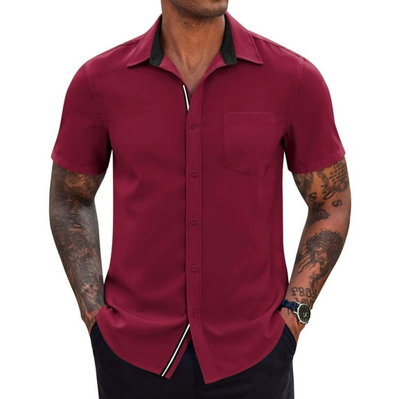 bnaln Men's Short Sleeve Polyester Shirts Dress Shirt Wedding Hawaiian Button Down Shirts Summer Beach Casual T Shirts,Classic Regular Fit,Red,Size S