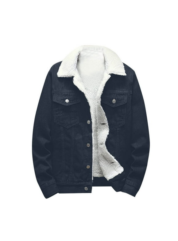 Mens Denim Jackets Clearance Winter Warm Sherpa Fleece Lined Lapel Long Sleeve Thicken Jean Coats Cowboy Coats with Pocket