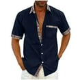 thumbnail image 1 of bnaln Mens Dress Shirts Casual Short Sleeve Button Down Shirt Plaid Color Block Shirt Plus Size Summer Shirts with Pockets,Dark Blue,Size 3XL, 1 of 5