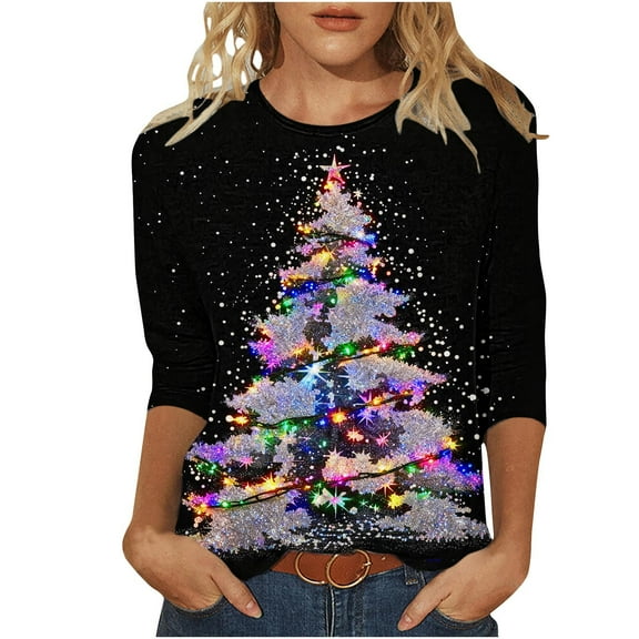 bnaln Merry Christmas Shirts for Women 3/4 Length Sleeve Tunic Blouses Xmas Cute Print Tshirts Tops Ladies Christmas Jumpers Crew Neck Funny Graphic Tees Holiday Casual Pullover