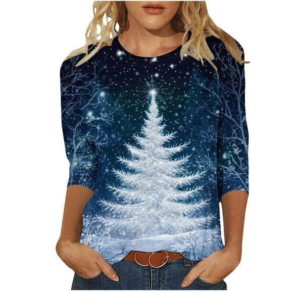 bnaln Merry Christmas Shirts for Women 3/4 Length Sleeve Tunic Blouses Xmas Cute Print Tshirts Tops Ladies Christmas Jumpers Crew Neck Funny Graphic Tees Holiday Casual Pullover