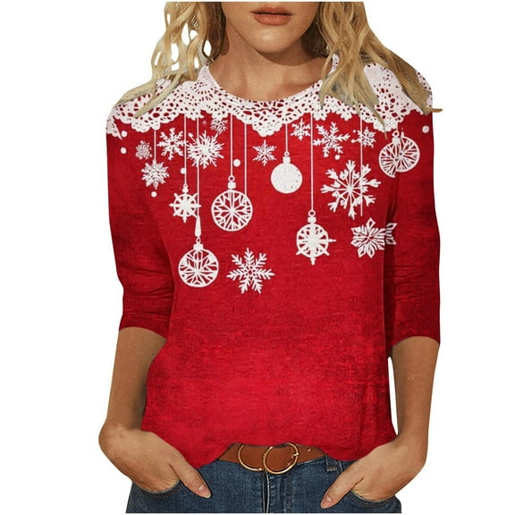 bnaln Merry Christmas Shirts for Women 3/4 Length Sleeve Tunic Blouses Xmas Cute Print Tshirts Tops Ladies Christmas Jumpers Crew Neck Funny Graphic Tees Holiday Casual Pullover