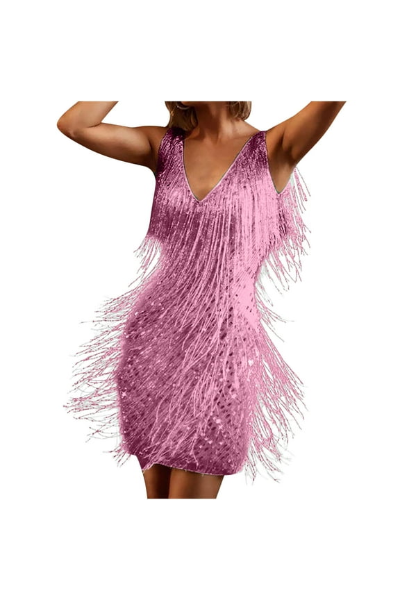 Party Dresses for Women Sale Womens Sequin Tassel Fringe Party Club Dresses 1920s Sexy V Neck Sleeveless Flapper Prom Dress Evening Gowns Cocktail Mini Dress