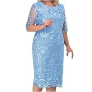 BNALN Plus Size Dresses for Women Short Sleeve Summer Floral Embroidered Cocktail Midi Dress Flowy Elegant Party Wedding Guest Dresses Formal Evening Gown Mother of The Bride Dress