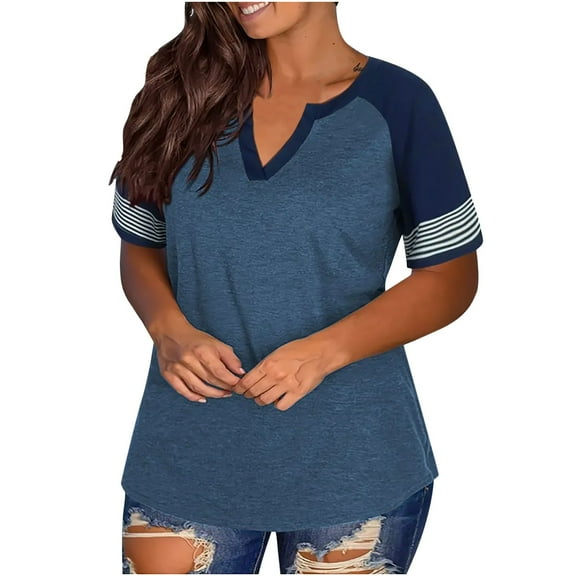 bnaln Plus Size Tops for Women - Ladies Summer Tops Spring T Shirts Color Block V Neck Short Sleeve Tshirts Loose Fit Pullover Casual Dressy Blouses Trendy Outfits Fashion Clothes