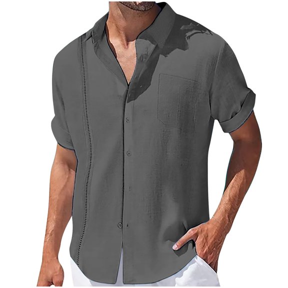 bnaln Shirts for Men Short Sleeve Classic Shirts Summer Casual Regular Fit Button-Up Collared Solid Shirts Dress Shirt Beach Wedding Shirt Top Tee with Pockets,Dark Gray,Size L