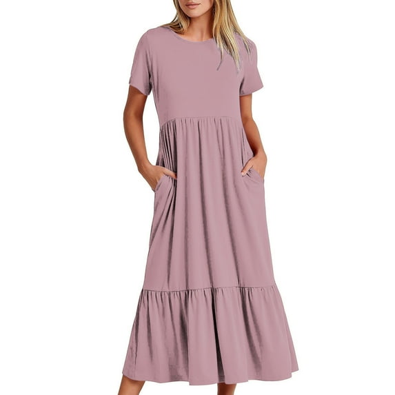 bnaln Summer Dresses for Women 2024 Casual Flowy Tiered Short Sleeve Maxi Dress Solid High Waist Elegant Dresses Loose Vintage Dress Trendy Beach Swing Long Dresses with Pockets