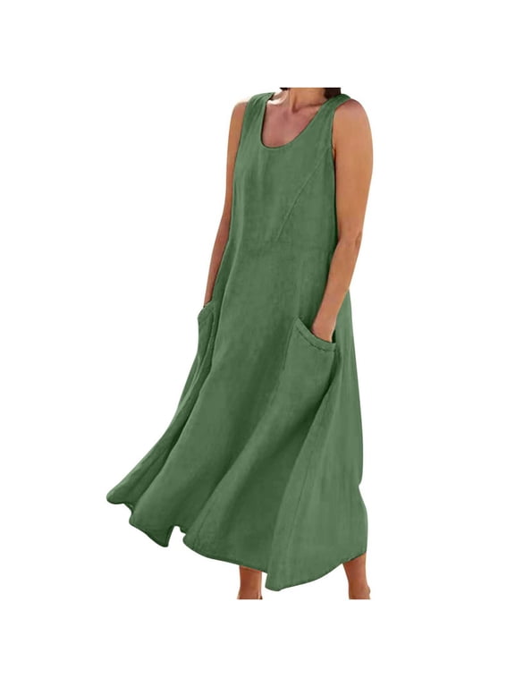 Summer Dresses for Women Sale Women Dresses Spring Casual Maxi Dress Sleeveless Cotton Linen Long Dresses Plus Size Boho Beach Flowy Tshirt Sundress Loose Travel Vacation Dresses