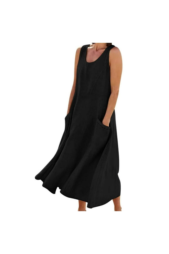 Summer Dresses for Women Sale Women Dresses Spring Casual Maxi Dress Sleeveless Cotton Linen Long Dresses Plus Size Boho Beach Flowy Tshirt Sundress Loose Travel Vacation Dresses