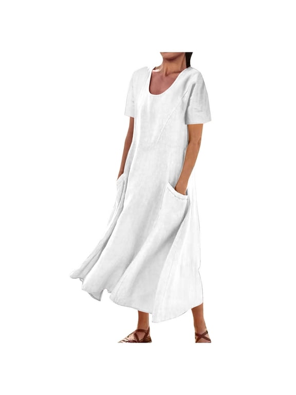 Summer Dresses for Women Sale - Women's Summer Cotton Linen Long Dress Button Crewneck Short Sleeve Elegant Flowy Dresses Plus Size Loose Beach Vacation Sundresses with Pockets