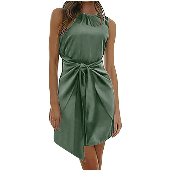 bnaln Summer Dresses for Women Satin Elegant Tie Waisted Sleeveless Dresses Women's Solid Wrap Short Tank Dresses Ruched Split Formal Cocktail Party Wedding Guest Dress Work Dress