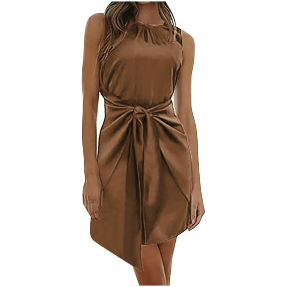 bnaln Summer Dresses for Women Satin Elegant Tie Waisted Sleeveless Dresses Women's Solid Wrap Short Tank Dresses Ruched Split Formal Cocktail Party Wedding Guest Dress Work Dress