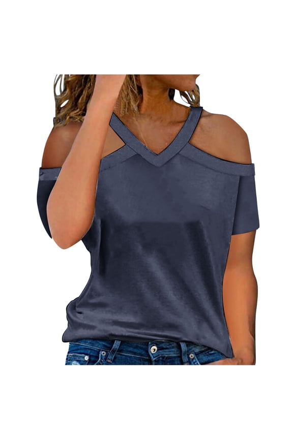 Summer T-Shirts for Women Sexy Cold Shoulder Tops Ladies Blouses Solid Color V Neck Short Sleeve Shirts Casual Dressy Blouse Loose Fit Tshirts Tunic Tops Tees Trendy Pullover