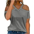 thumbnail image 1 of bnaln Summer T-Shirts for Women Sexy Cold Shoulder Tops Ladies Blouses Solid Color V Neck Short Sleeve Shirts Casual Dressy Blouse Loose Fit Tshirts Tunic Tops Tees Trendy Pullover, 1 of 5