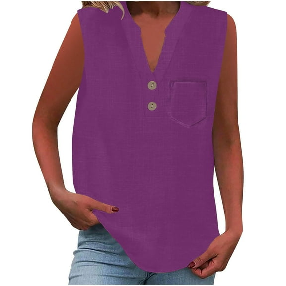 bnaln Summer Tank Tops for Women Trendy Vest Sleeveless Cotton Linen Shirts Lightweight Casual Button V Neck Blouse Loose Fit Camisole Tops Fashion Tees Basic Cami Shirts with Pocket