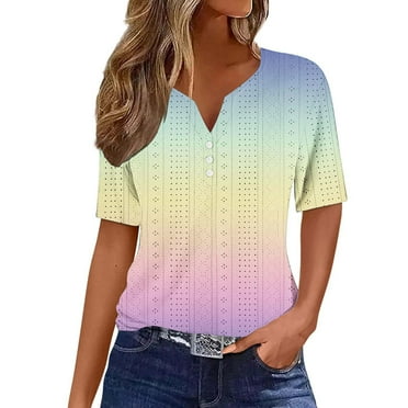 bnaln Summer Tops for Women 2024 Elegant Gradient Printing Blouses Casual V Neck Button T Shirt Loose Fit Short Sleeve Shirts Breathable Hollow Out Tunic Tops Work Tops