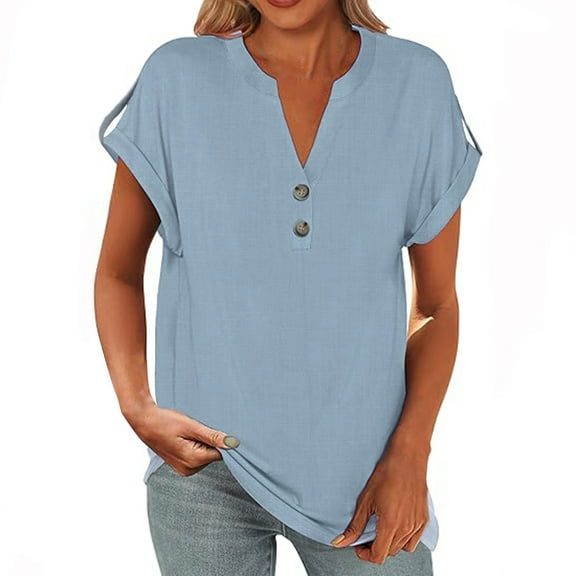 bnaln Summer Tops for Women 2025 Trendy Short Sleeve Cotton Linen Shirts Casual Button V Neck Tunic Blouses Loose Fit Pullover Summer Tshirts Oversized Boyfriend Solid Tees Outfits
