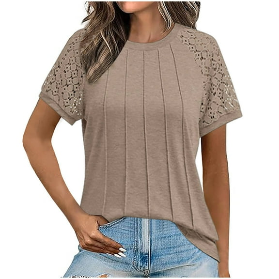 bnaln Summer Tops for Women Dressy Casual T-Shirts Crewneck Lace Splicing Short Sleeve Shirt Loose Comfy Pullover Lightweight Tunic Blouses Front Pleated Tshirts Going Out Tops