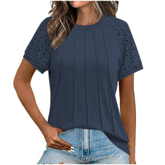 bnaln Summer Tops for Women Dressy Casual T-Shirts Crewneck Lace Splicing Short Sleeve Shirt Loose Comfy Pullover Lightweight Tunic Blouses Front Pleated Tshirts Going Out Tops